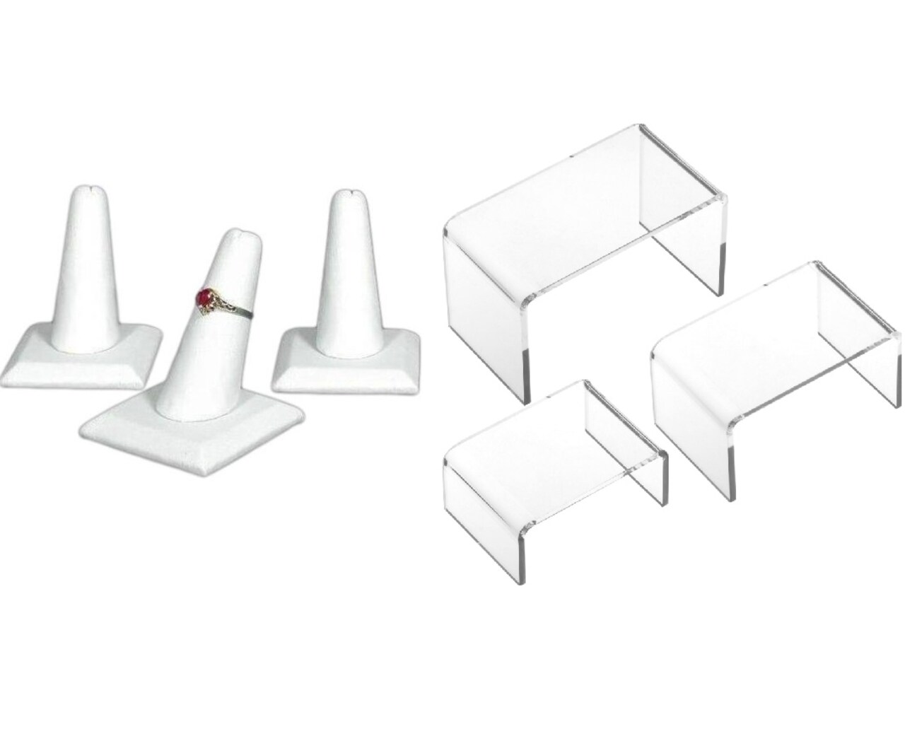 3 White Faux Leather Ring Square Base Finger Displays and 3 Acrylic Jewelry Display Risers